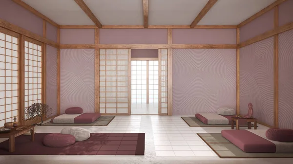Ruang Meditasi Japandi Dengan Warna Putih Dan Merah Bantal Tikar — Stok Foto