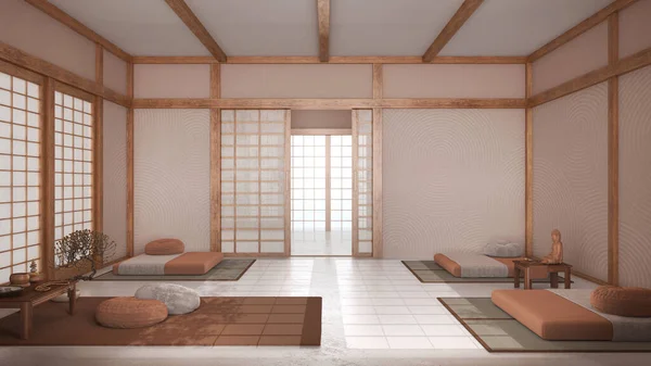 Ruang Meditasi Japandi Dengan Warna Putih Dan Oranye Bantal Tikar — Stok Foto