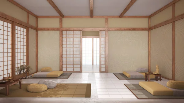 Ruang Meditasi Japandi Dengan Warna Putih Dan Kuning Bantal Tikar — Stok Foto