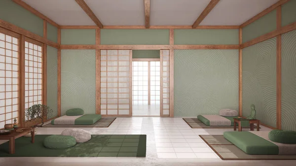 Ruang Meditasi Japandi Dengan Warna Putih Dan Hijau Bantal Tikar — Stok Foto