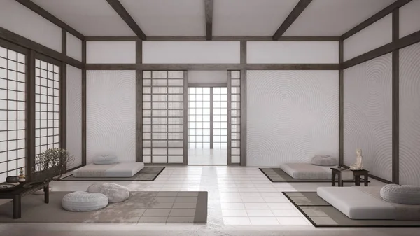 Ruang Meditasi Japandi Dengan Warna Putih Dan Warna Krem Bantal — Stok Foto