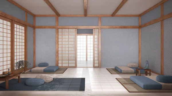 Salle Méditation Japandi Dans Les Tons Blanc Bleu Oreillers Tapis — Photo