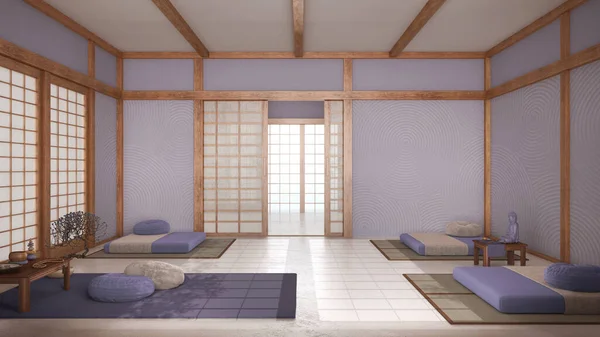 Ruang Meditasi Japandi Dengan Warna Putih Dan Ungu Bantal Tikar — Stok Foto
