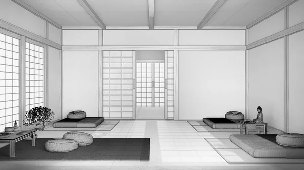 ブループリント未完成のプロジェクトドラフト 紙のドアが備わるパジャンディ瞑想室 木製のビームと樹脂の床 ミニマリストインテリアデザイン — ストック写真