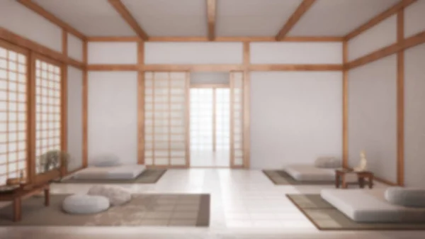 背景模糊 日本静坐室 有枕头 塔瓦垫和纸门 木梁和树脂地板 最低限度室内设计 — 图库照片