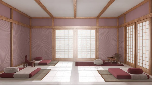 Ruang Meditasi Minimal Dengan Warna Putih Dan Merah Bantal Tikar — Stok Foto