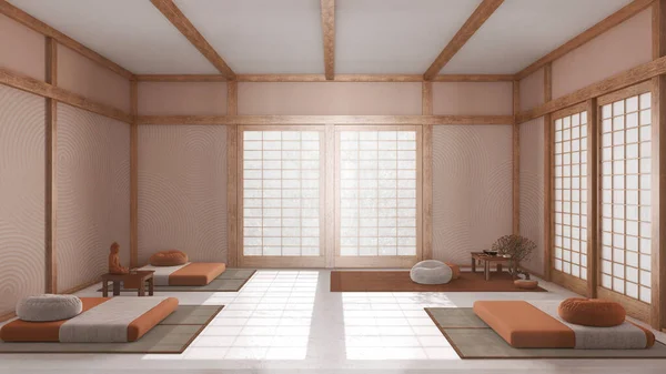 Ruang Meditasi Minimal Dengan Warna Putih Dan Oranye Bantal Tikar — Stok Foto