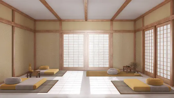 最小的冥想空间 有白色和黄色的色调 塔瓦垫和纸门 木梁和树脂地板 日本室内设计 — 图库照片