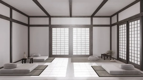 Sala Meditação Mínima Tons Brancos Bege Travesseiros Tapetes Tatami Portas — Fotografia de Stock