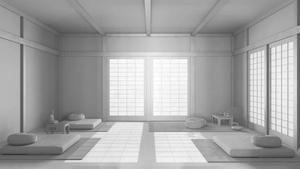 ホワイトプロジェクトのドラフト 紙のドアを備えた最小限の瞑想室 木製のビームと樹脂の床 日本のインテリアデザイン — ストック写真