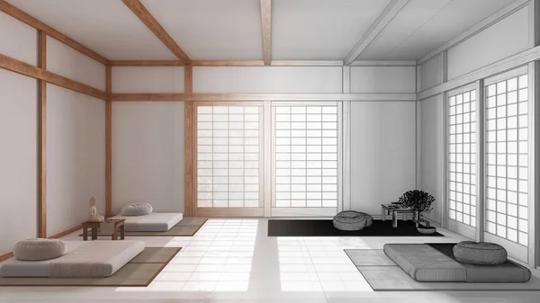 建築家インテリアデザイナーのコンセプト 紙のドアを備えた本物の最小限の瞑想室となる未完成のプロジェクトの手描きの草案 日本のスタイル — ストック写真