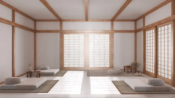 Fundo Desfocado Sala Meditação Mínima Com Almofadas Tapetes Tatami Portas — Fotografia de Stock