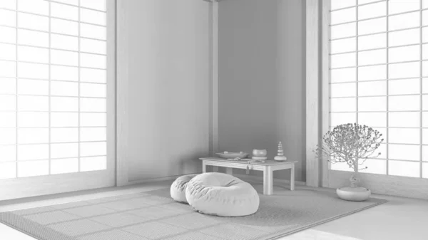 Полный Белый Проект Минимальная Комната Медитации Кэпет Столик Малой Бонсай — стоковое фото