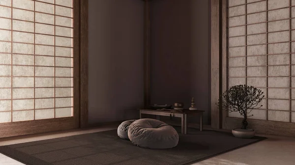 Dark Late Evening Scene Minimal Meditation Room Capet Table Mala — Stock Photo, Image
