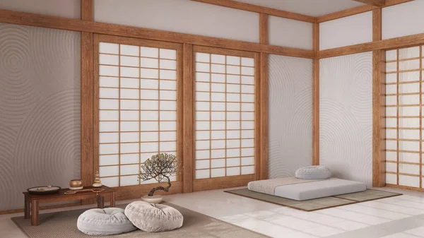 Ruang Meditasi Minimal Dengan Warna Putih Dan Warna Krem Dengan — Stok Foto