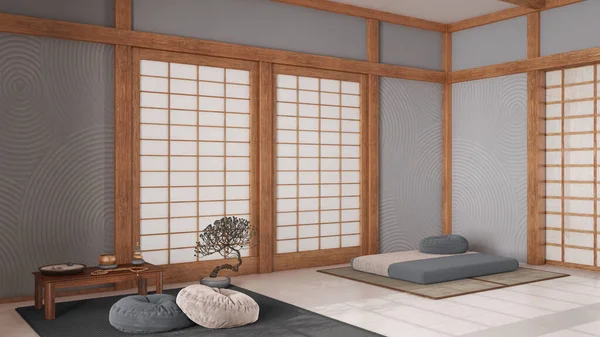 Minimal Meditation Room White Gray Tones Pillows Tatami Mats Paper — Stock Photo, Image