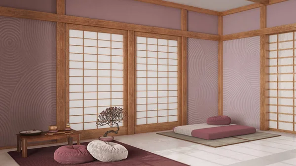 Ruangan Meditasi Minimal Dengan Warna Putih Dan Merah Dengan Bantal — Stok Foto