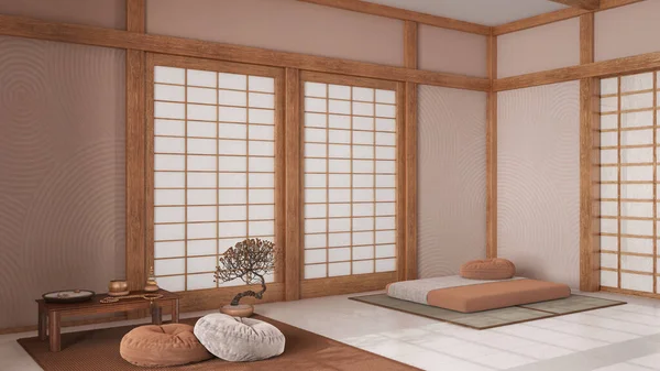 Minimal meditation room in white and orange tones with pillows, tatami mats and paper doors. Carpet, table with Mala and decors. Japanese interior design
