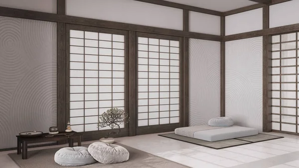 Minimal Dark Wooden Meditation Room White Beige Tones Pillows Tatami — Stock Photo, Image