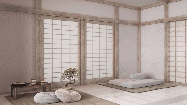 Minimal Bleached Wooden Meditation Room White Beige Tones Pillows Tatami — Stock Photo, Image
