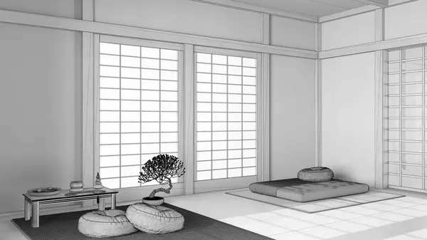 蓝图未完成的项目草稿 最小的冥想空间与枕头 塔瓦垫和纸门 餐桌与玛拉和装饰 日本室内设计 — 图库照片