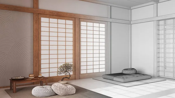 建築家インテリアデザイナーのコンセプト 紙のドアを備えた本物の最小限の瞑想室となる未完成のプロジェクトの手描きの草案 日本のスタイル — ストック写真