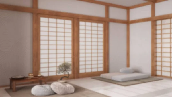 Blurred Background Minimal Meditation Room Pillows Tatami Mats Paper Doors — Stock Photo, Image