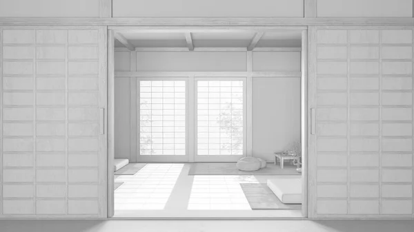 白いプロジェクトの草案 紙のドアが付いている最小の瞑想部屋 キャップ 畳など 木製のビーム ジャパンディのインテリアデザイン — ストック写真