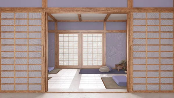 最小的冥想空间 白色和紫色色调的纸门 枕头和折叠床 木梁和墙纸 日本室内设计 — 图库照片