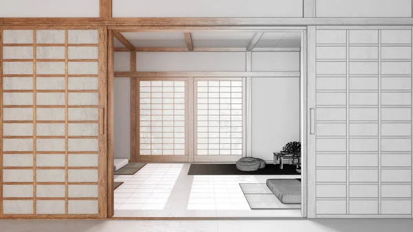 建筑师室内设计理念 手绘草稿的未完成项目 成为现实 最小的冥想空间与纸门 枕头和折叠床 日本风格 — 图库照片