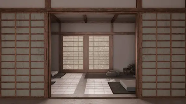 漆黑的夜景 最小的静坐空间 有纸门 枕头和折叠床 木梁和墙纸 日本室内设计 — 图库照片