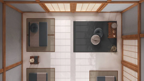 最小的木制冥想室 白色和灰色色调 有纸门和树脂地板 枕头和折叠床 日本室内设计 顶部视图 — 图库照片