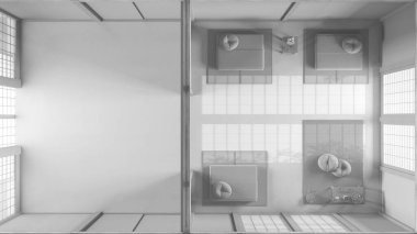 Tamamen beyaz proje taslağı, minimum meditasyon odası, yastıklar, tatami paspaslar ve dekorlar. Tahta kirişler ve reçine zemini. Japandi iç tasarım, üst görünüm, plan, yukarıda