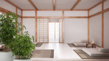 Zen iç döşeme bambu fabrikası, doğal iç tasarım konsepti, kağıt kapılı meditasyon odası, halı, puf ve dekorasyon, iç tasarım fikri