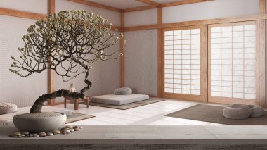 Çakıl taşı ve saksı çiçekli klasik ahşap masa rafı, beyaz çiçekler, minimal meditasyon odası iç tasarımı, tatami, yastıklar, halı, zen mimarisi fikri