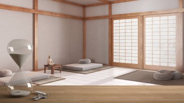 Ahşap masa, masa ya da raf kristal modern kum saati ile minimal meditasyon odası, iç tasarım, fotokopi alanı arkaplanı üzerine bir geri sayım için zaman geçiyor.