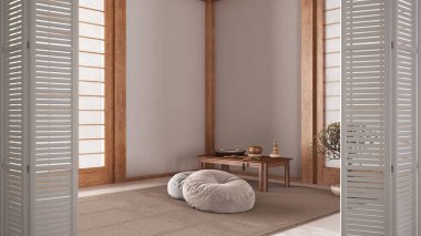 Minimalist meditasyon odasında beyaz katlı kapı açılıyor, reçine zemini, halı, masa ve tatami paspas kağıt kapılar, mimar tasarımcısı konsepti, bulanık arkaplan
