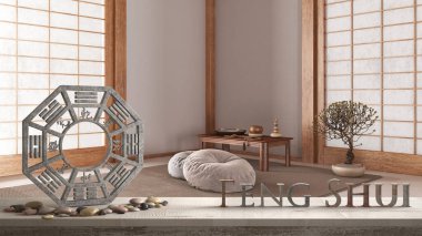 Wooden table shelf with ba gua, pebble stone and bamboo plants, minimal meditation room in japanese style, zen interior design, feng shui template idea background clipart