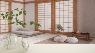 Beyaz masa üstü ya da rafta cam vazo ile hidrofonik bitki, süs, bitki kökü, vazoda dal, ev bitkisi, arka planda minimal meditasyon odası, iç tasarım