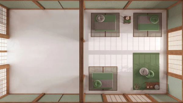 白と緑のトーン 畳とデッサンの最小の瞑想室 木製のビームと樹脂の床 ジャパンディのインテリアデザイン トップビュー プラン — ストック写真