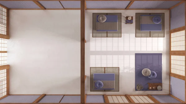 白と紫色のトーン 畳とデッサンの最小の瞑想室 木製のビームと樹脂の床 ジャパンディのインテリアデザイン トップビュー プラン — ストック写真