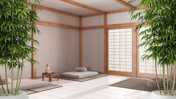 Zen interior with potted bamboo plant, natural interior design concept, meditation room with paper doors, carpet, poufs and decors, interior design idea