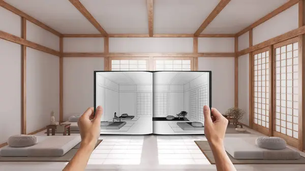 Hands Holding Notepad Meditation Room Design Blueprint Sketch Drawing Real — Stock Photo, Image