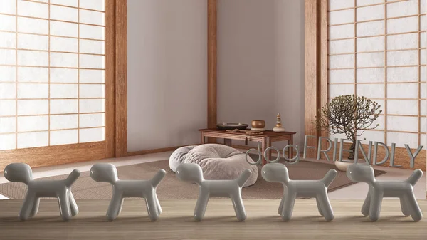 Wooden table top or shelf with line of stylized dogs, dog friendly concept, love for animals, animal dog proof home, minimal meditation room, zen interior design