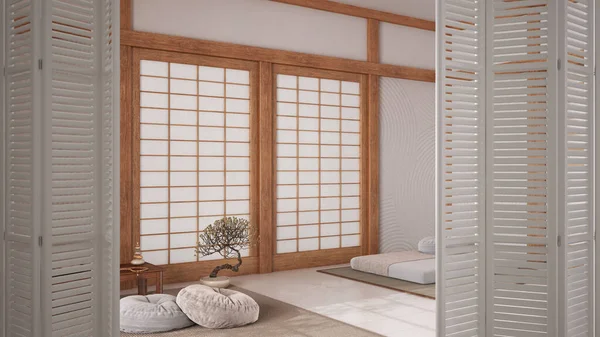 Pintu Lipatan Putih Terbuka Pada Ruang Meditasi Minimalis Lantai Resin — Stok Foto