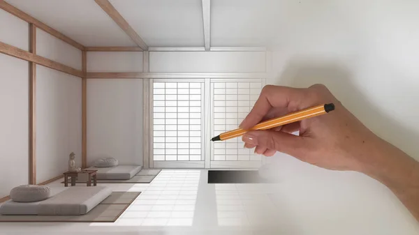 建筑师室内设计理念 手绘设计室内设计 空间成为现实 最小的冥想室 有纸门和有枕头的塔瓦垫 — 图库照片