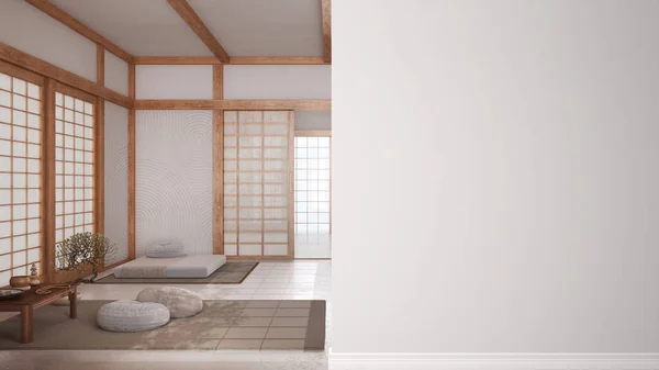 前景の壁に畳が付いた最小の瞑想室 インテリアデザインのアーキテクチャのアイデア コピースペース 空白の背景 テンプレート モックアップ — ストック写真
