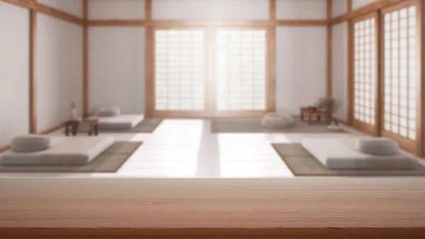 Empty Wooden Table Desk Shelf Blurred View Minimal Zen Meditation — Stock Photo, Image