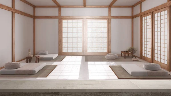 木のヴィンテージのテーブルの上か棚の閉鎖 禅の気分 禅の瞑想部屋 日本様式 樹脂の床およびペーパー ミニマリストの建築の内部の設計 — ストック写真