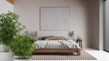 Saksı bambu bitkisi, doğal iç tasarım konsepti, yatak ve reçine döşemeli minimum yatak odası, japandi tarzı mimari.